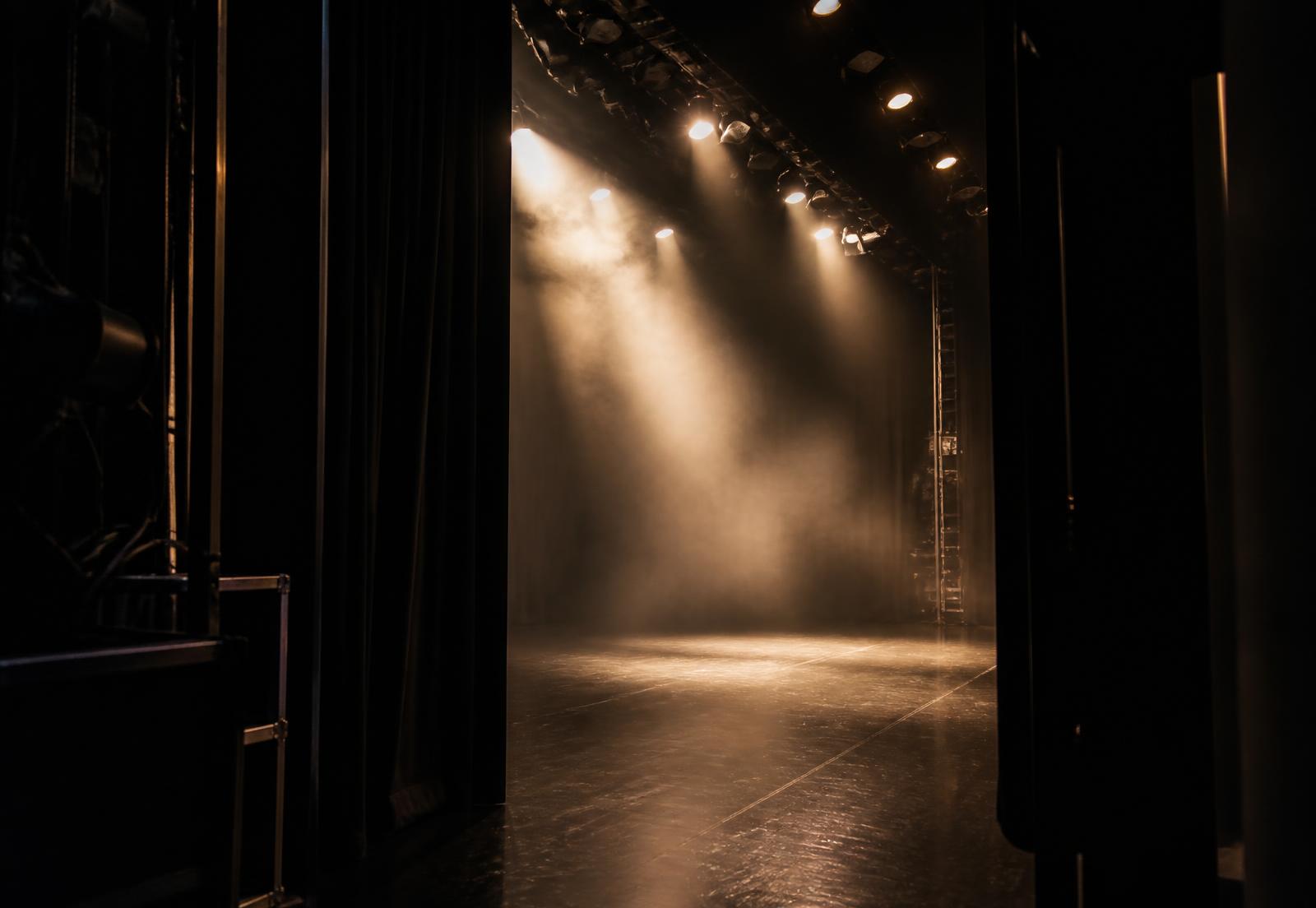 An empty theatre stage seen from the wings, lit by warm overhead stage lights through haze